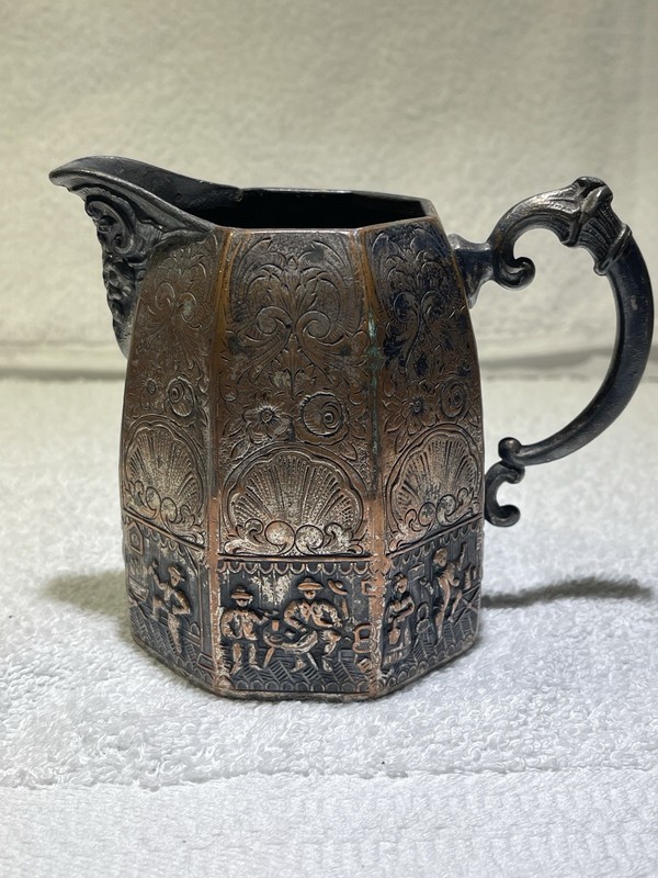 E G Webster & Son Antique Repousse Silver Plated Copper Creamer With Pub Scene