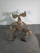 Wooden Articulated Moose Movable Hand Carved Vintage Wood Sitting Sculpture