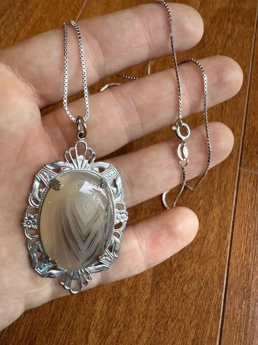 Sterling Silver 925 Milor Italy Chain Necklace Stone & Filigree Pendant 24” Deco