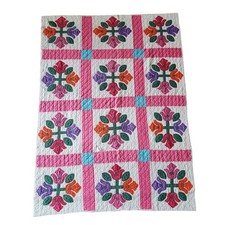 HANDMADE VINTAGE Appliqu  Tulip Quilt Pink Floral Folk Art Cottagecore 53x71