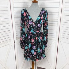 Express Dress Women 8 Black Multi Floral V Neck Ruffle Trim Chiffon Skater Mini