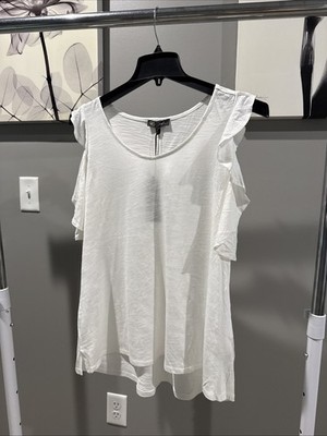 NWT DG2 by Diane Gilman Womens White Cold Shoulder Ruffle Size Small