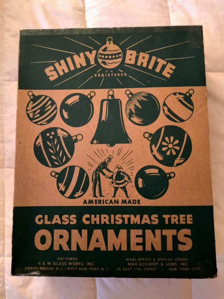Vintage Shiny Brite Christmas Ornaments Stenciled Flocked 1930s W/Original Box  - Image 4 of 4