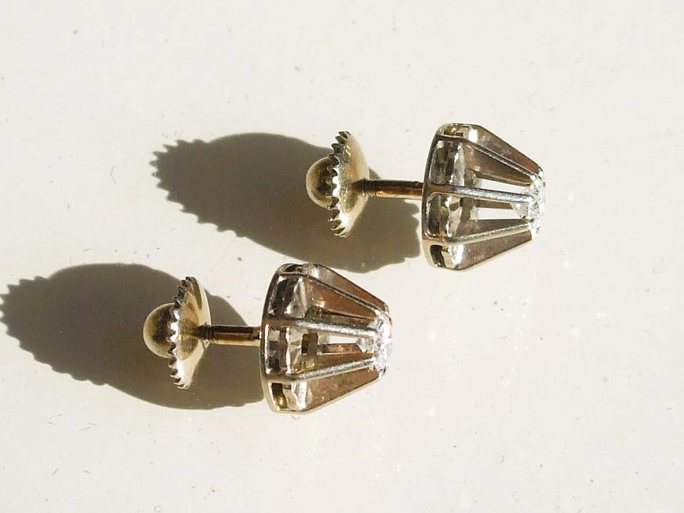 BELLES BOUCLES D'OREILLES ANCIENNES 1940/50 en OR BLANC 18K 750 avec DIAMANT 3mm - Photo 4/4