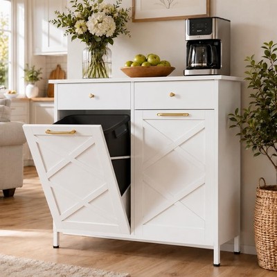 Sturdy Metal Double Tilt-Out Trash Cabinet, 20 Gal, White, 2 Drawers, Easy Clean