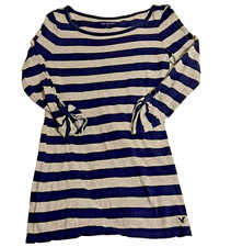 American Eagle Outfitters Dress Sz S Gray Blue Stripe Roll Tab Long Sleeve