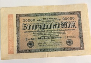 1923 Germany REICHBANKNOTE Mark 20000 Banknote Slightly Worn