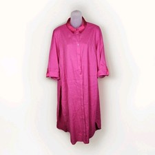 Chicos 2 Linen Maxi Dress 12 Shirtdress Tunic Pink Satin Trim Long Button Front