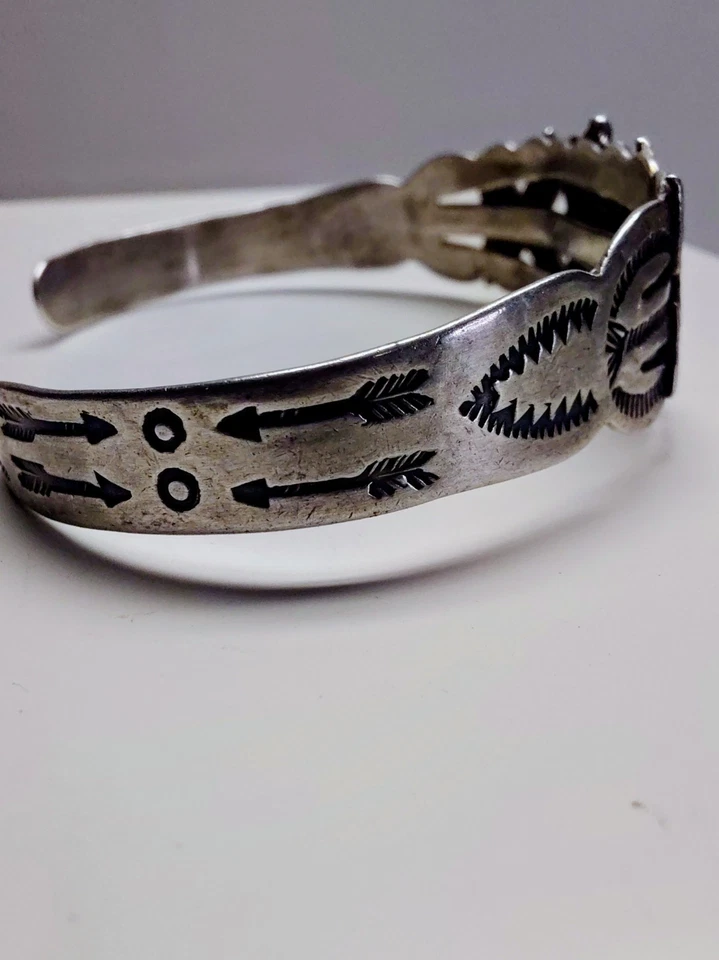 Fred Harvey Era Coin Silver-Signed Turquoise Native American Cuff Bracelet - Image 4 of 4