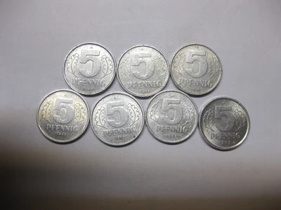 DDR,  7 x 5 Pfennige, 1968, 1972, 1975, 1980, 1983, 1988 + 1989 - Bild 1 von 2