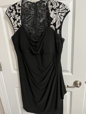 Xscape Cocktail Dress Womens 14W Black Ruched Front Lace Top Cap Sleeve Zip Back