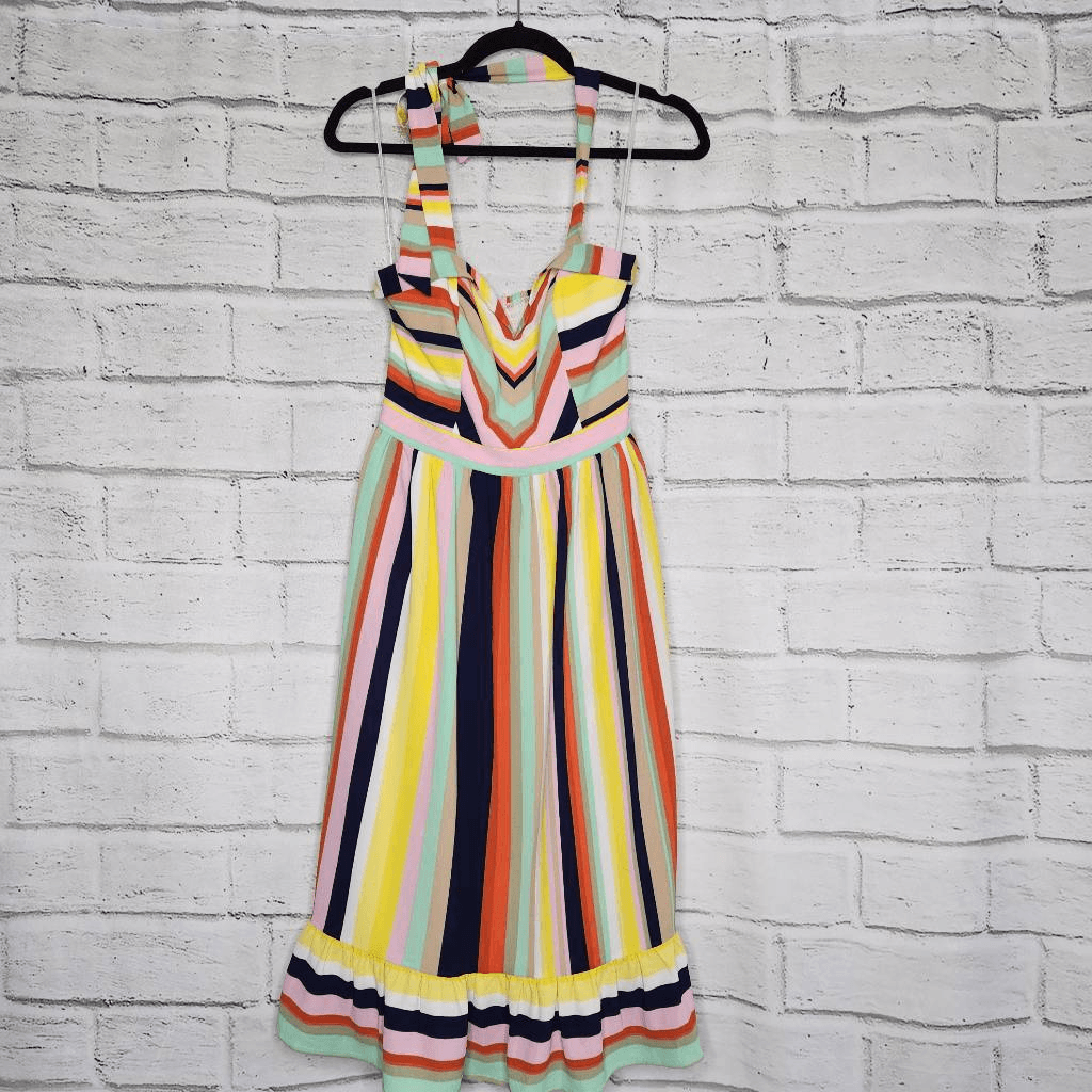 Modcloth Womens Multicolor Frequent Piquant Stripe Ruffle Hem Halter Dress  Small | eBay