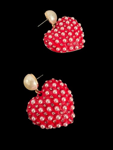 New BETSEY Johnson One Love Gold Tone Red Heart Pink & Faux Pearl Drop Earrings - Picture 3 of 22
