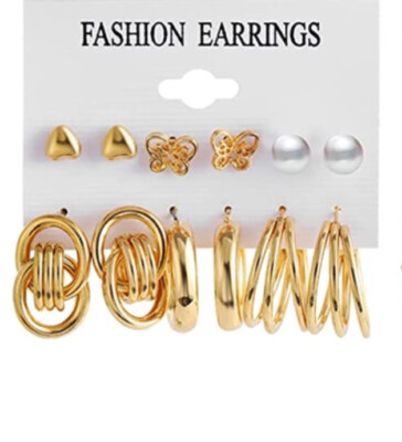 12 PC Matching Dangle Hoop Stud Earrings Set Gold-Tone New Free Ship 2795