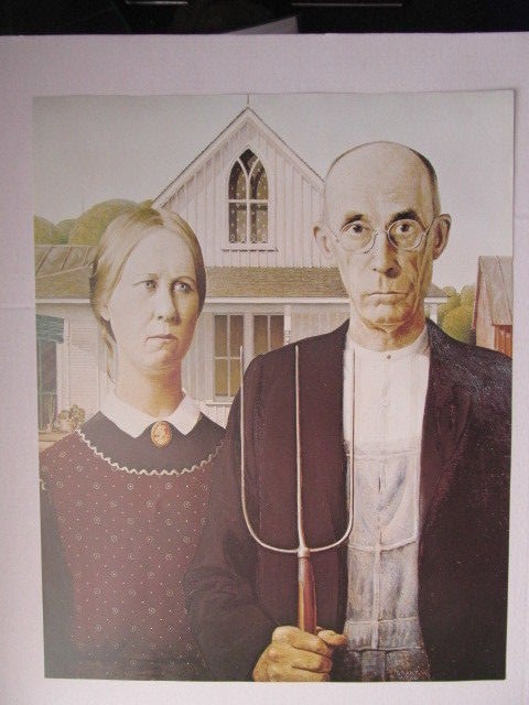 AMERICAN GOTHIC by GRANT WOOD - MAN WOMAN PITCHFORK FARM - NEW