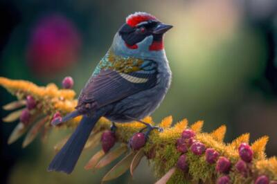 Wandbild: Männlicher Rotbrustbarbet Carduelis sadis auf einer Blume (203967567)