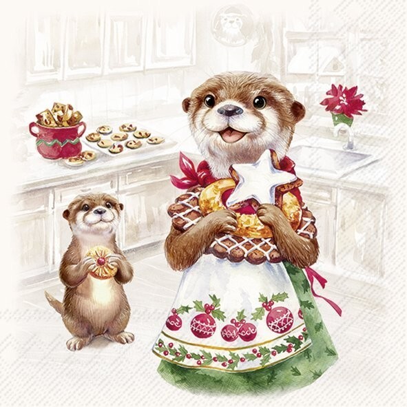 4 x Paper Napkins/33cm/3Ply/Decoupage/Christmas/Animals/Otters/Baking Time