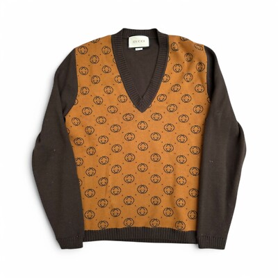 Authentic Gucci Dapper Dan Cardigan Interlocking G Logo Brown Wool size M