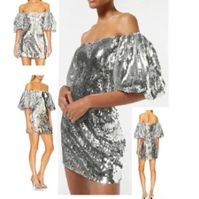 NEW RHODE DALI SILVER SEQUIN OFF THE SHOULDER DRESS W/PUFFY SLEEVES SIZE 4