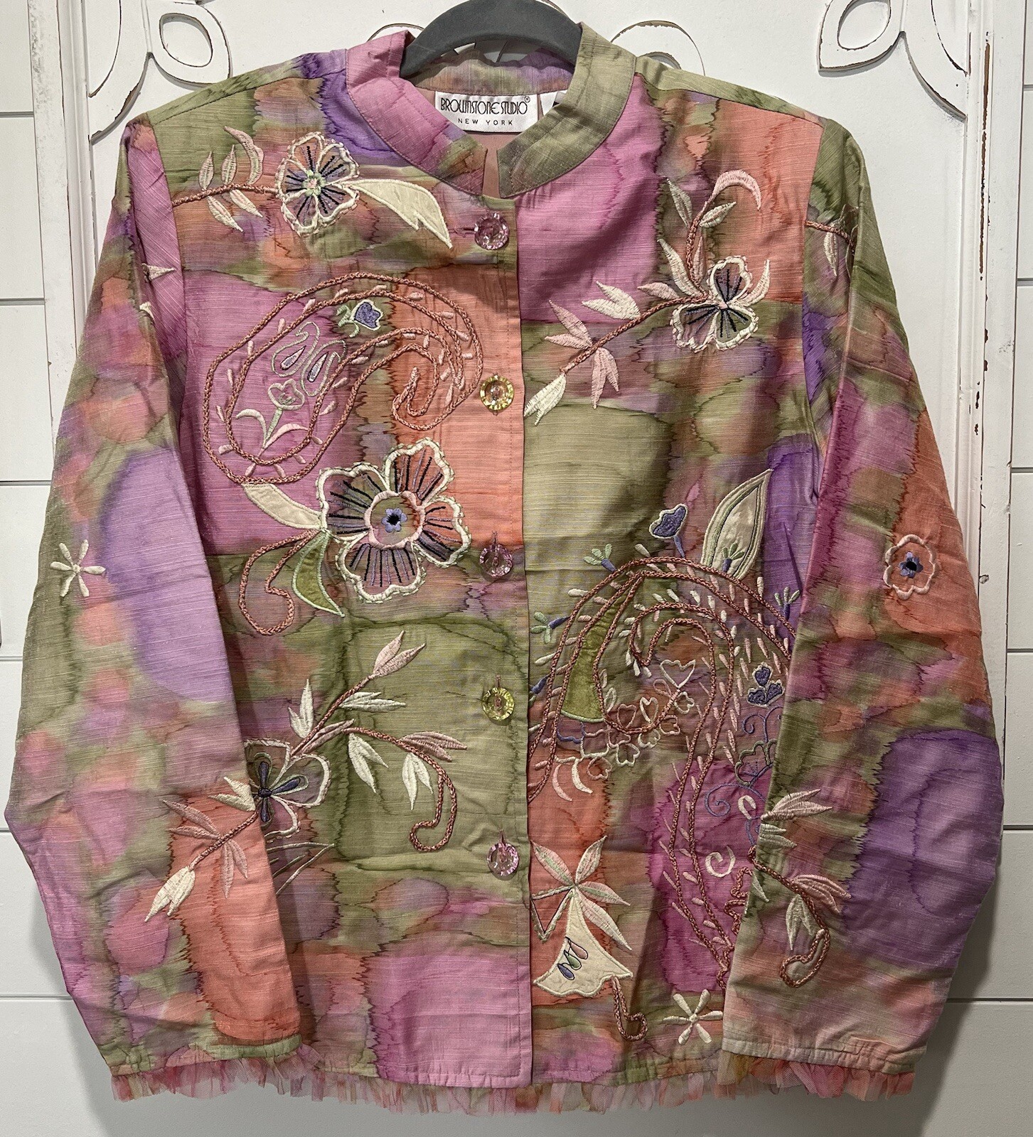 Blusa Top Chaqueta Mujer Texturizada Bordada Talla 6 Acuarela Pasteles Floral