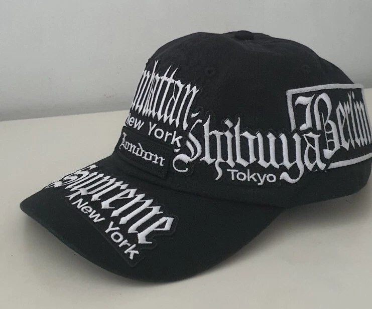 Casquette noire SS23 Supreme City Patches 6 panneaux Berlin Los Angeles Londres Paris