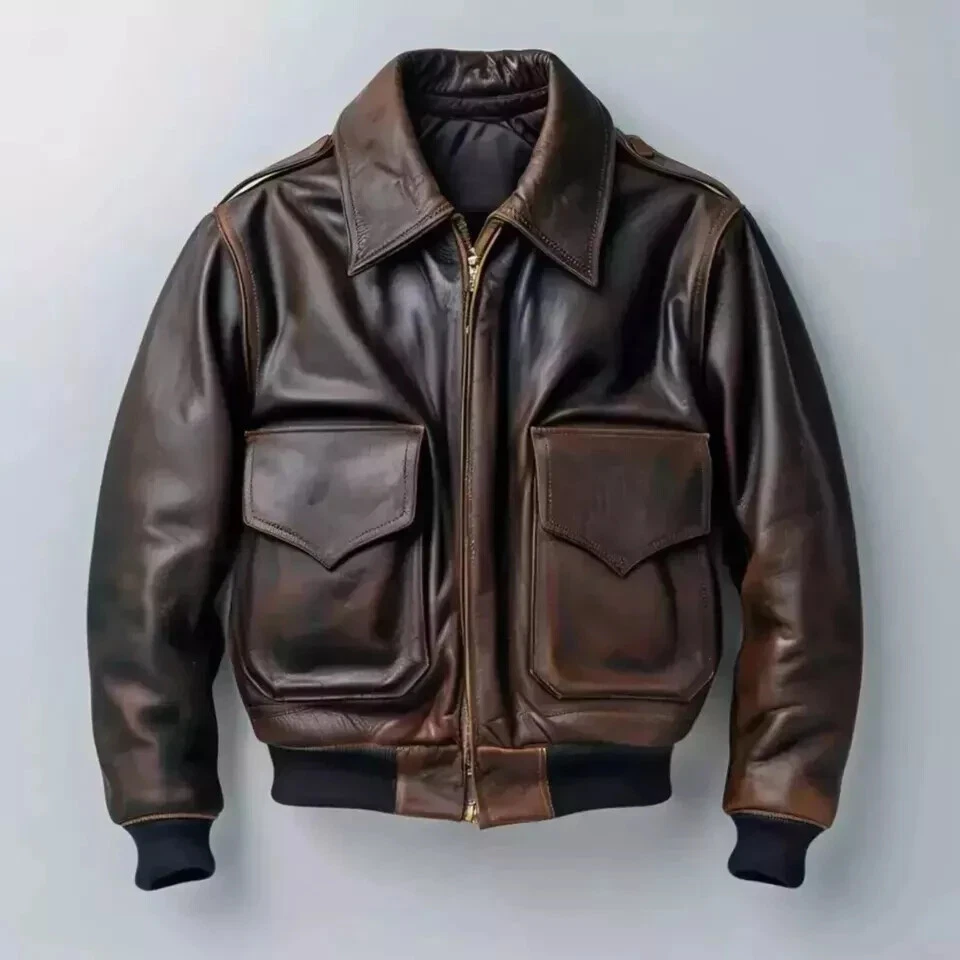 Men’s Air Force Pilot Leather Jacket Cowhide Aviator A-2 Flight Bomber Jacket