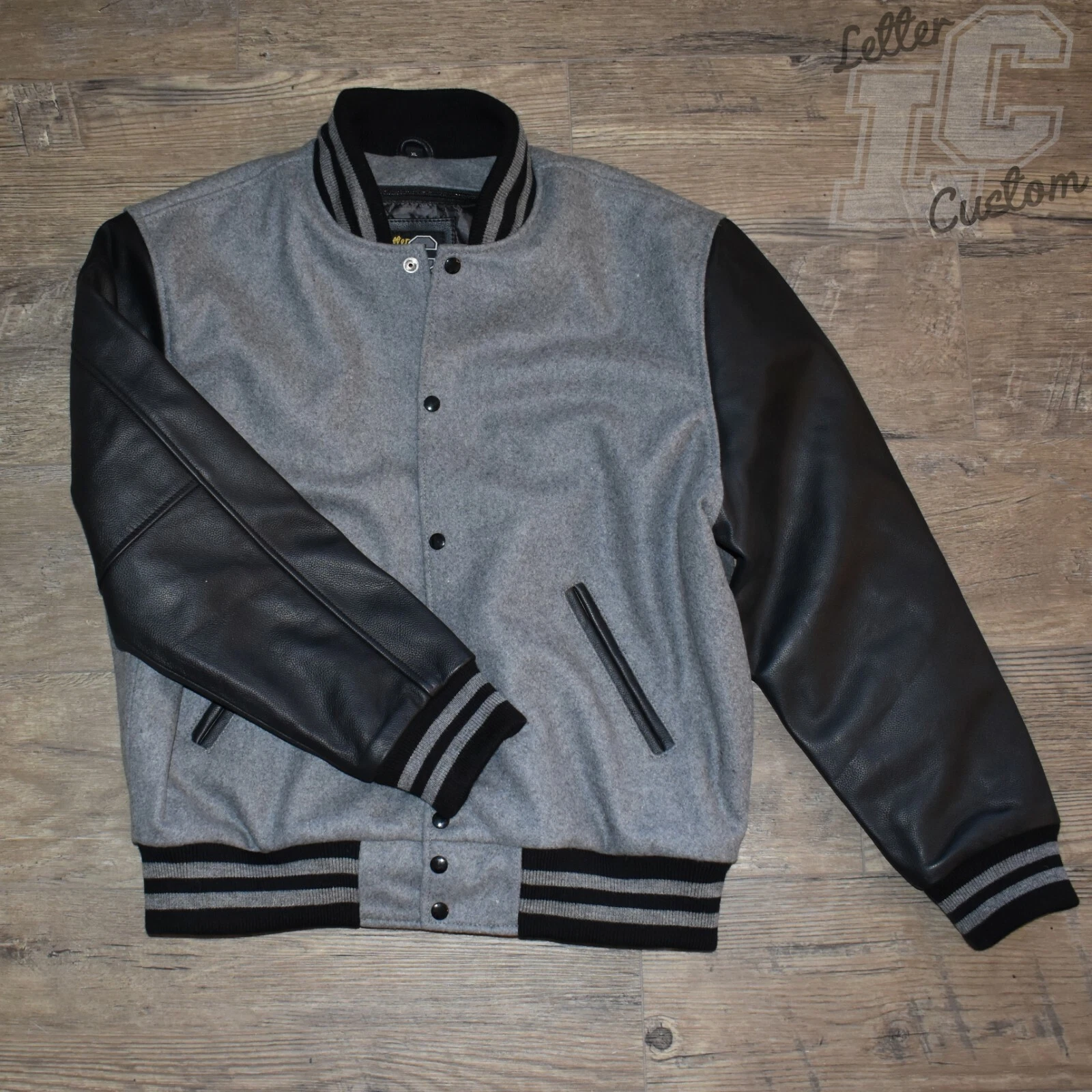 VarsityThreads Premium Leather & Wool Varsity Letterman Jacket Black & Gray image 1