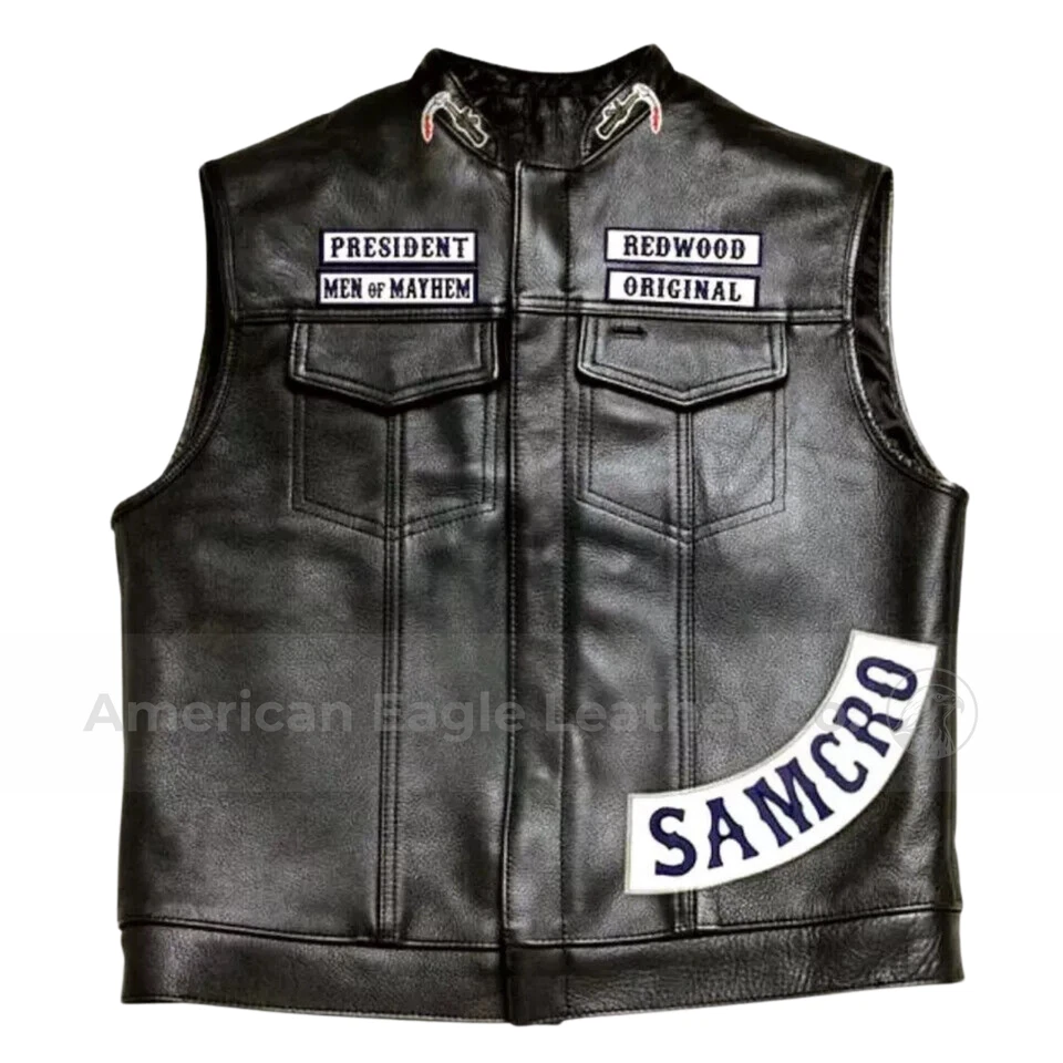 Men's Black Charlie Hunnam Sons of Anarchy SOA Jax Teller Biker Leather Vest USA - Image 2 of 4