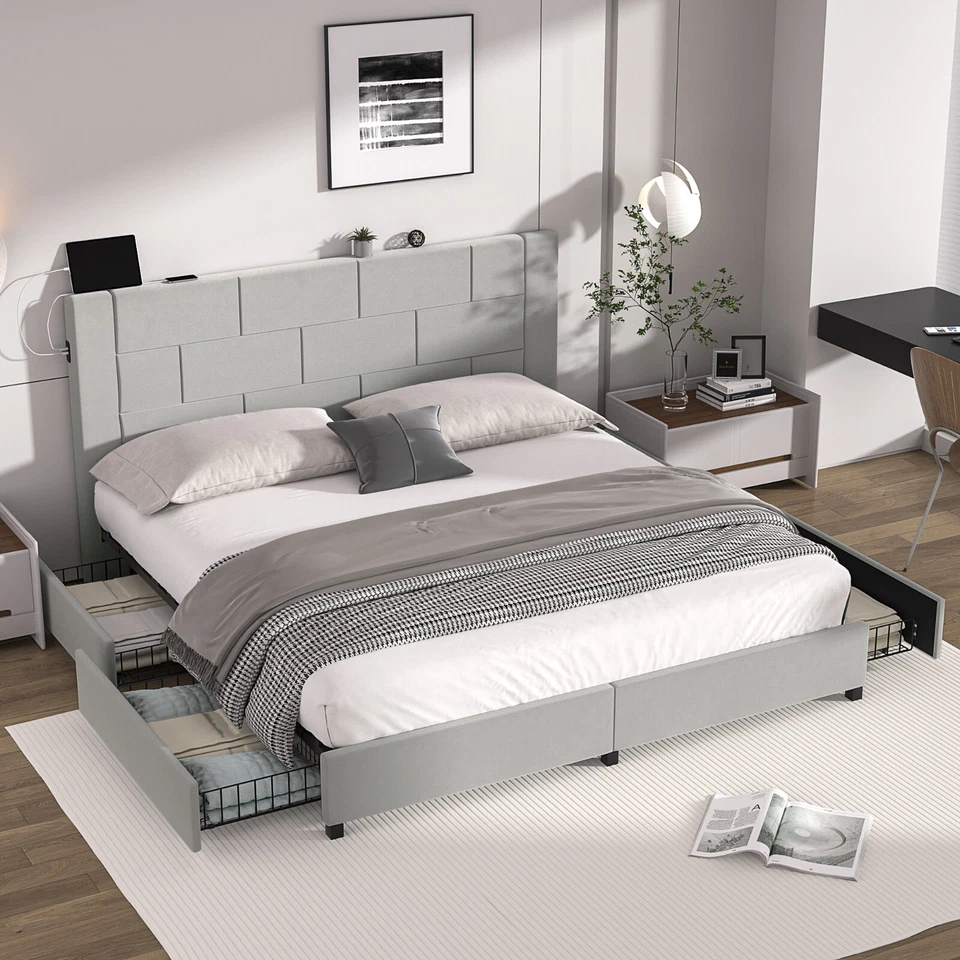 Marco de cama Queen King Size con 4 cajones de almacenamiento y puertos USB estación de carga Foto 4 de 4