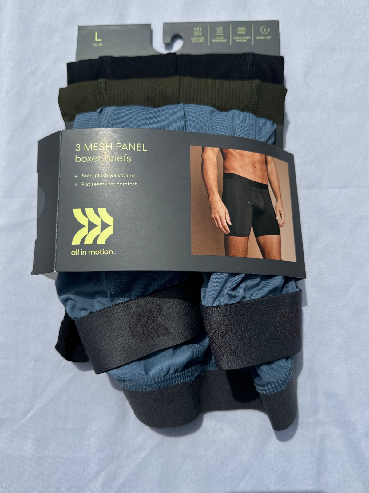 All in Motion Men's Jersey Mesh Performance 3 Pack Boxer Briefs, Size L