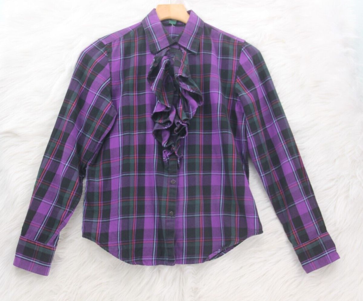 Lauren Ralph Lauren Petite Top Womens PM Purple Plaid Ruffle