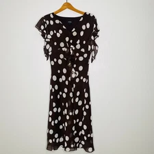 MSK Dress Sz 10 Brown W/ Blue Polka Dots Ruffle Front Sleeves V Neck VTG