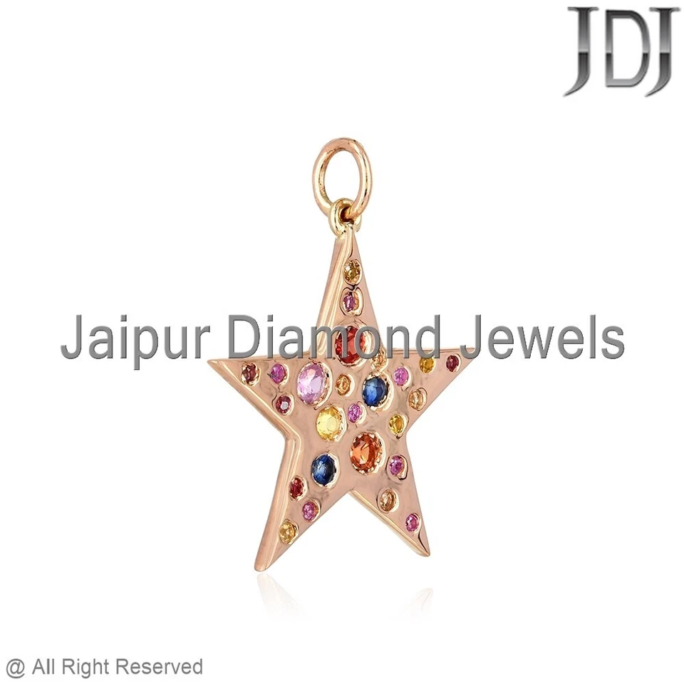 Natürlich Multi Saphir Edelstein Massiv 14k Rose Gold Star Charm Unisex Anhänger - Bild 4 von 4