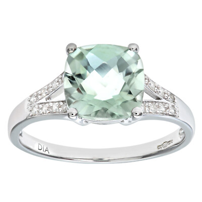 Schulterring 9 kt Weißgold grüner Amethyst & Diamant geteilter Februar Geburtsstein
