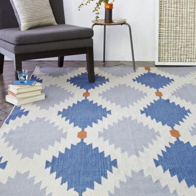 Scandinavian Blue Wool Handmade Rug Kilim Custom Size Living Room Blue Boho Rug