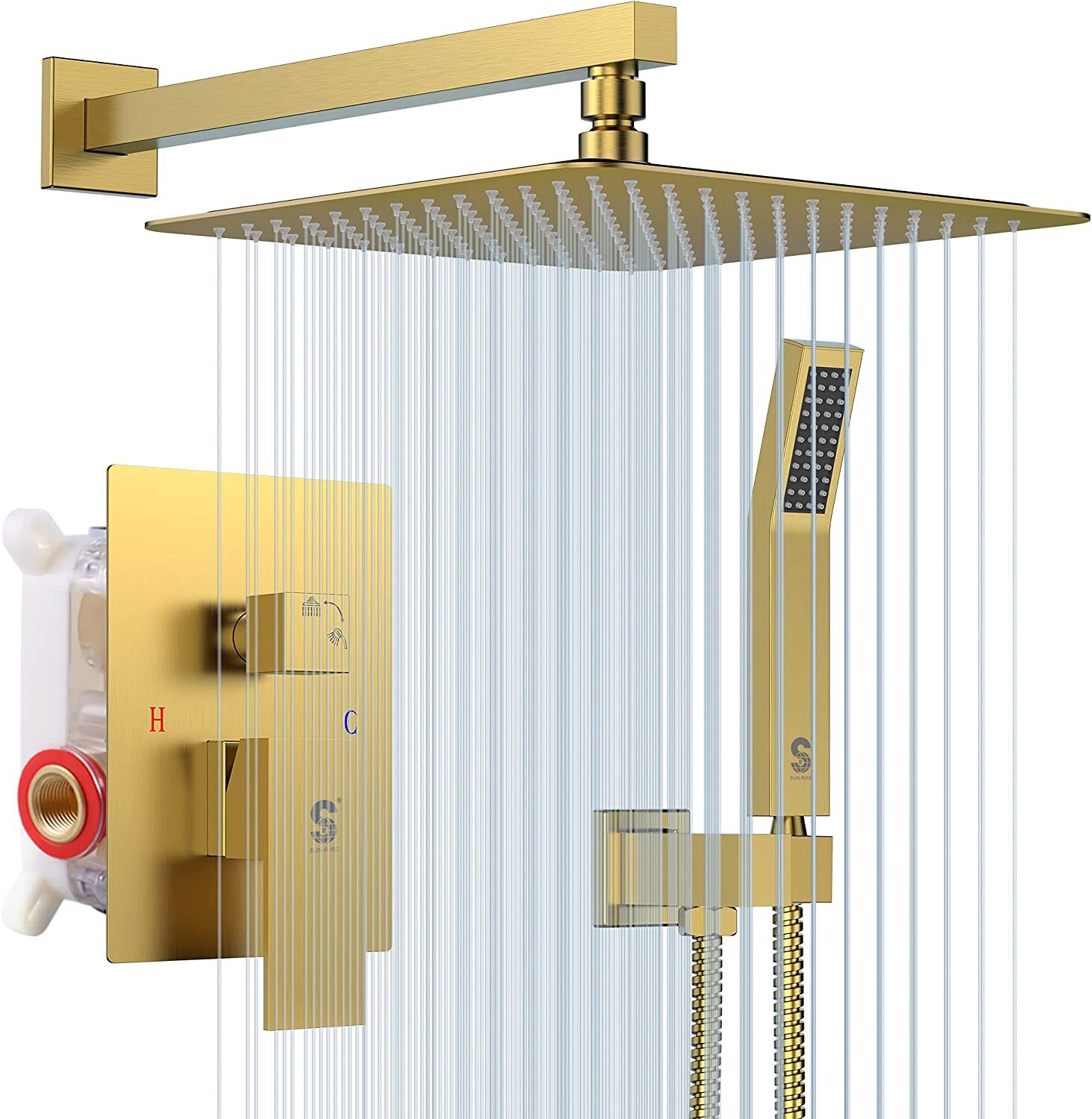 Brushed Gold Shower Faucet Set System Rain Head Combo Kit Tub Filler Mixer Valve