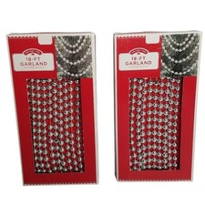 Christmas Lot of 2 Silver Beaded 18 Ft Garland Christmas Tree Decoration Holiday