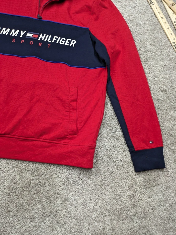 Tommy Hilfiger Pullover Men Medium 1/4 Quarter Zip Red Cotton Blend Jacket Sport - Image 2 of 4
