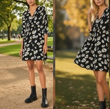 BA&SH Babydoll V-neck Black Floral Dress US 8 NWT $295 UTA Mini Satin Jacquard 
