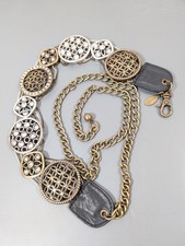 Chicos Antiqued Brass Tone Rhinestone Chain Belt 53 in Boho Western Chic