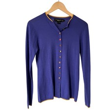 Shanghai Tang FLAW Purple Cashmere Cardigan Mustard Trim Enamel Buttons Size L