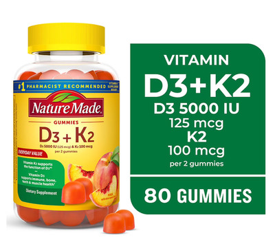 Nature Made D3 + K2 Gummies 5000 IU Bone Heart Immune Support 80 Ct
