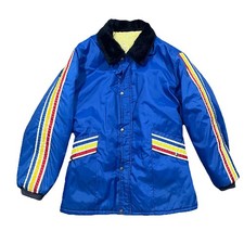 Vintage United Pioneer Blue Insulated Jacket XL Faux Fur Collar Striped Sleeves