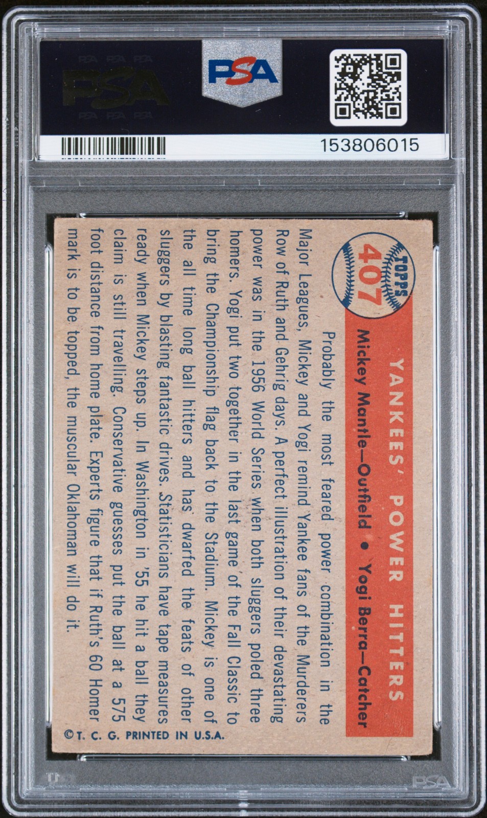 1957 TOPPS YANKEES' POWER HITTERS #407 MICKEY MANTLE/YOGI BERRA PSA 2 view 2