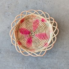 Vintage Woven Coiled Pink Green Flower Wicker Straw Basket Bowl