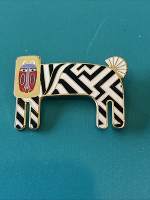 VTG Laurel Burch ZZZebra Zebra Lion Brooch Pin Black & White Enamel Goldtone