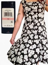 Tommy Hilfiger Black White Floral Square Neck Cap Sleeve A-Line Knee Dress 10