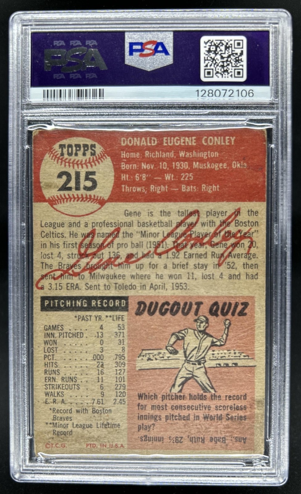 1953 Topps Gene Conley Rookie RC #215 Braves PSA Auto Autograph 8 view 2