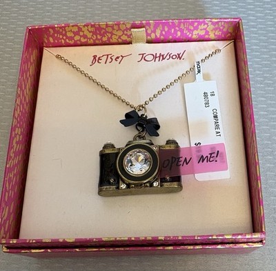 Betsey Johnson Black Camera Pendant OPEN ME! Gold Toned Necklace NWT New In Box