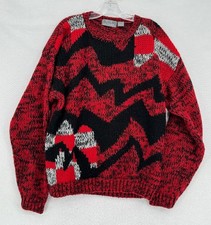 Vintage Le Tigre Mens Red Black Geometric Long Sleeve Pullover Sweater Sz L